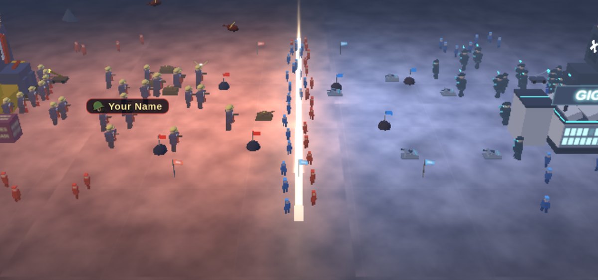 The 3D battlefield, red army on the left and blue on the right, with a soldier carrying a name tag.