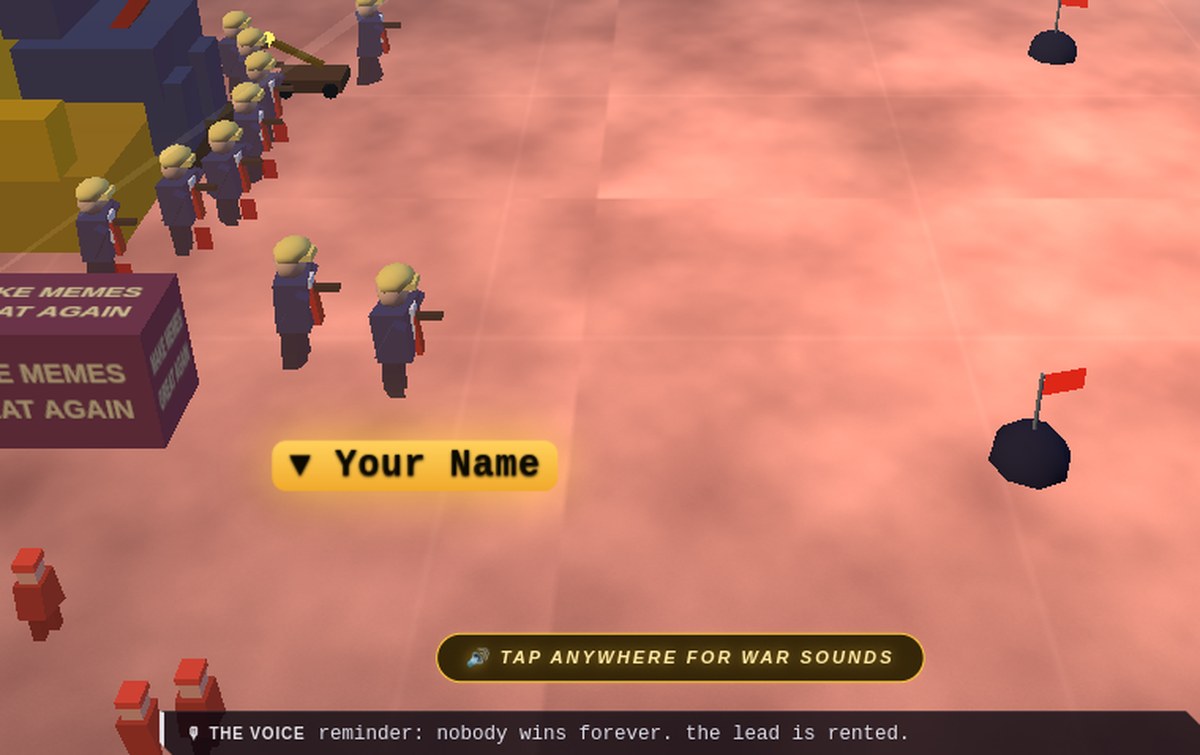 The battlefield with one soldier marked by a large gold name tag.