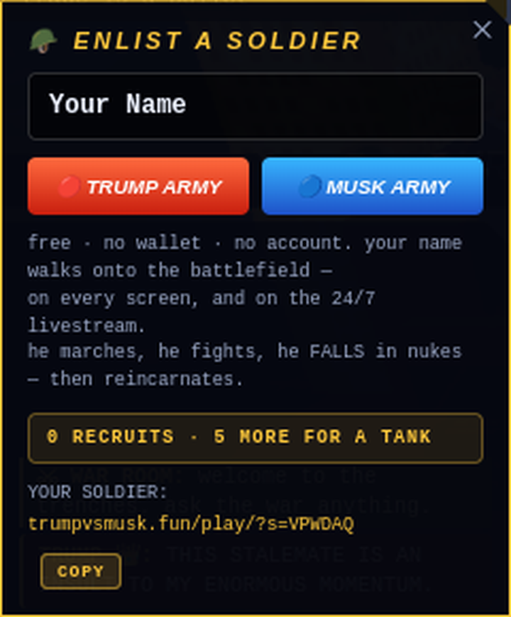 The enlist panel after enlisting, showing the soldier's permanent link and a copy button.