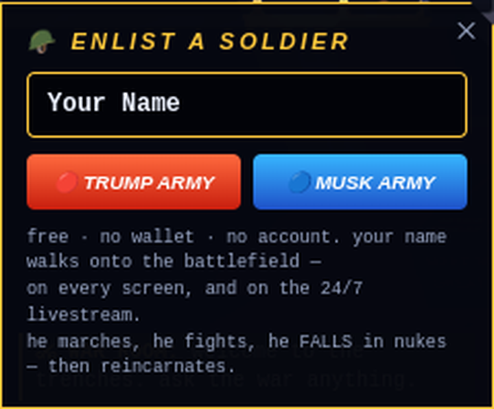 The enlist panel with a name typed in and two army buttons.