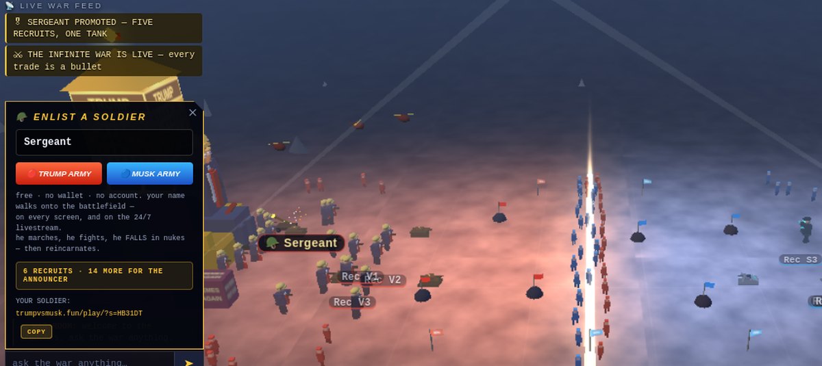 A tank on the battlefield carrying a player name, with the war feed announcing the promotion.