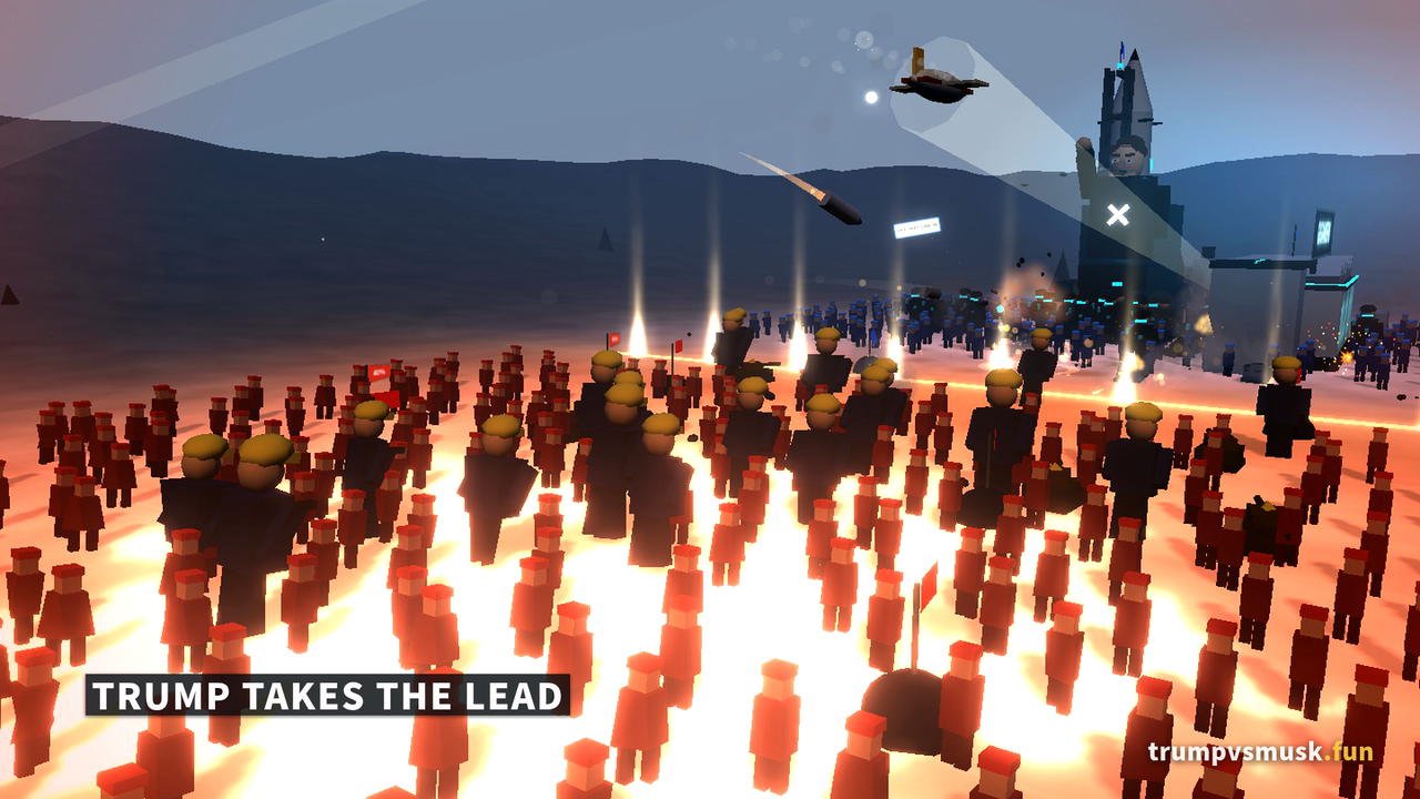 The red army pushing the front line deep into blue territory on the 3D battlefield.